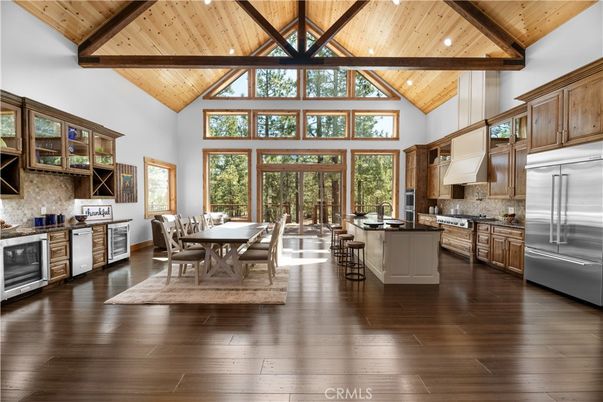 Dining room, Interior, Kitchen, Recessed Lighting, Stainless Steel Appliances, Wooden Beams, Wooden Ceilings, Wood Texture Flooring