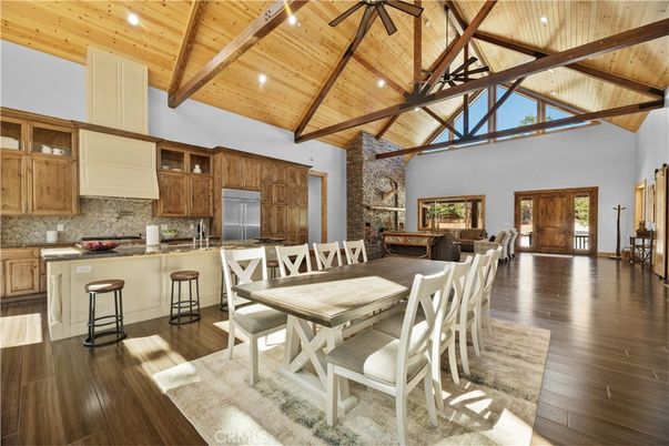 Dining room, Interior, Kitchen, Recessed Lighting, Stone Walls, Wooden Beams, Wooden Ceilings, Wood Texture Flooring