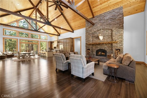 Dining room, Fireplace, Interior, Living room, Stone Walls, Wooden Beams, Wooden Ceilings, Wood Texture Flooring