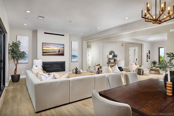Chandelier, Dining room, Fireplace, Interior, Living room, Recessed Lighting, Wood Texture Flooring