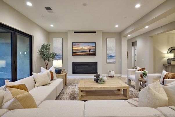 Fireplace, Interior, Living room, Recessed Lighting, Wood Texture Flooring