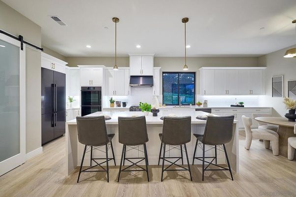 Dining room, Interior, Kitchen, Pendant Lights, Recessed Lighting, Wood Texture Flooring