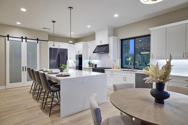Dining room, Interior, Kitchen, Pendant Lights, Recessed Lighting, Stainless Steel Appliances, Wood Texture Flooring