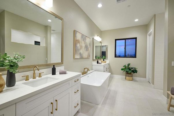 Bathroom, Dual Sink Vanities, Free Standing Baths, Interior, Recessed Lighting