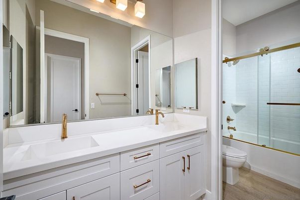 Bathroom, Dual Sink Vanities, Glass Shower, Interior, Wood Texture Flooring