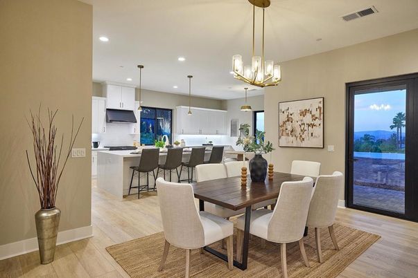 Dining room, Interior, Kitchen, Pendant Lights, Recessed Lighting, Wood Texture Flooring