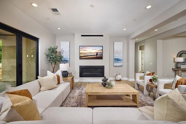 Fireplace, Interior, Living room, Recessed Lighting, Wood Texture Flooring
