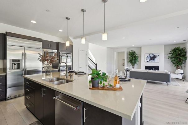 Fireplace, Interior, Kitchen, Living room, Pendant Lights, Recessed Lighting, Stainless Steel Appliances, Wood Texture Flooring