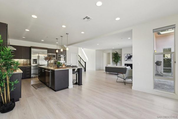 Interior, Kitchen, Living room, Pendant Lights, Recessed Lighting, Stainless Steel Appliances, Wood Texture Flooring