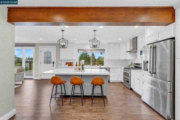 Interior, Kitchen, Pendant Lights, Recessed Lighting, Stainless Steel Appliances, Wooden Beams, Wood Texture Flooring