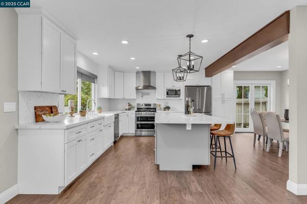 Interior, Kitchen, Pendant Lights, Recessed Lighting, Stainless Steel Appliances, Wooden Beams, Wood Texture Flooring