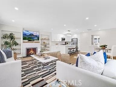 Dining room, Fireplace, Interior, Kitchen, Living room, Pendant Lights, Recessed Lighting, Stainless Steel Appliances