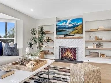Fireplace, Interior, Recessed Lighting, Wood Texture Flooring