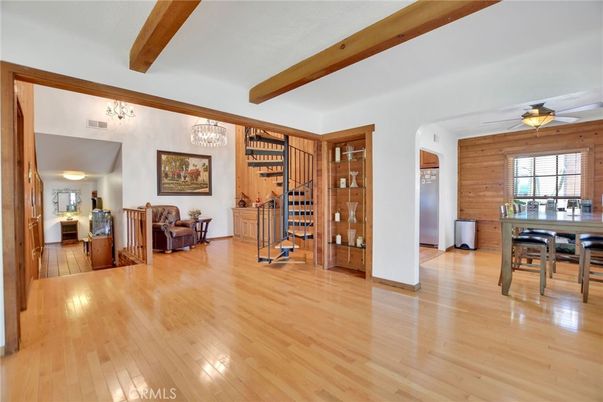 Chandelier, Dining room, Interior, Wooden Beams, Wood Texture Flooring