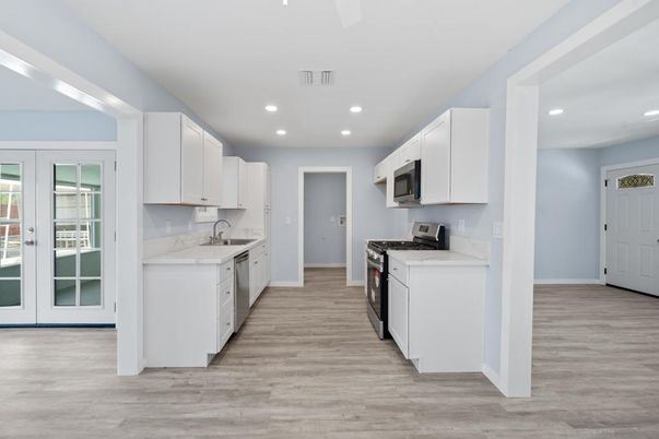 Interior, Kitchen, Recessed Lighting, Wood Texture Flooring