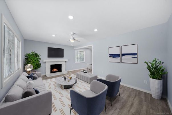 Fireplace, Interior, Living room, Recessed Lighting, Wood Texture Flooring