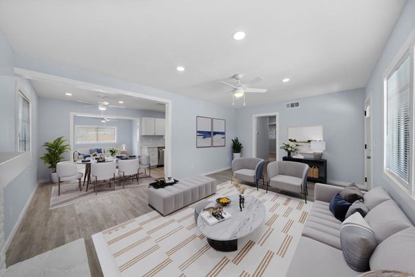 Dining room, Interior, Kitchen, Living room, Recessed Lighting, Wood Texture Flooring