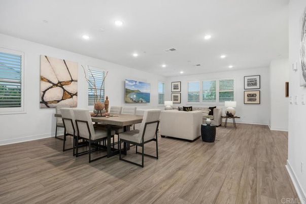 Dining room, Interior, Living room, Recessed Lighting, Wood Texture Flooring