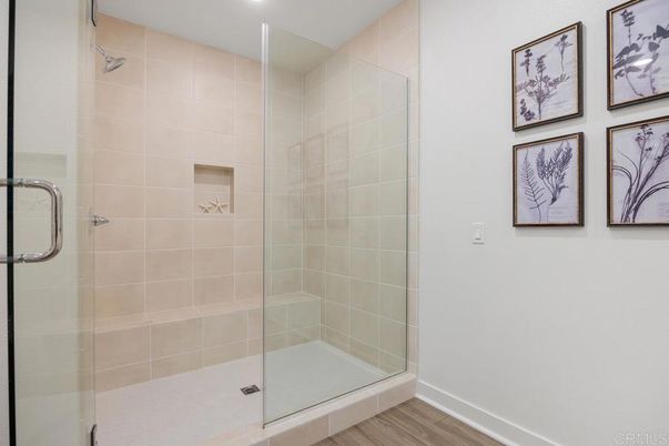 Bathroom, Glass Shower, Interior, Recessed Lighting, Wood Texture Flooring