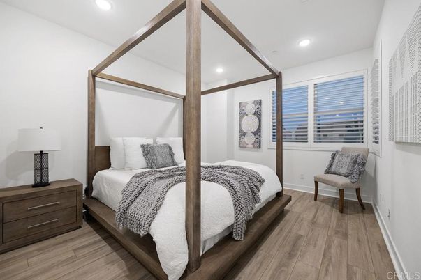 Bedroom, Interior, Recessed Lighting, Wood Texture Flooring