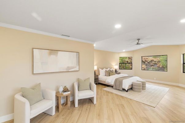 Bedroom, Interior, Recessed Lighting, Wood Texture Flooring