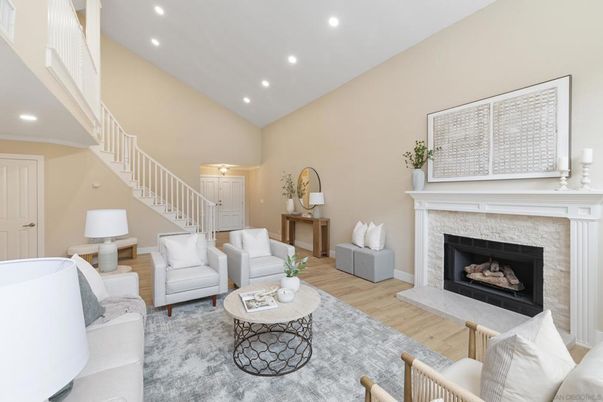 Fireplace, Interior, Living room, Recessed Lighting, Wood Texture Flooring