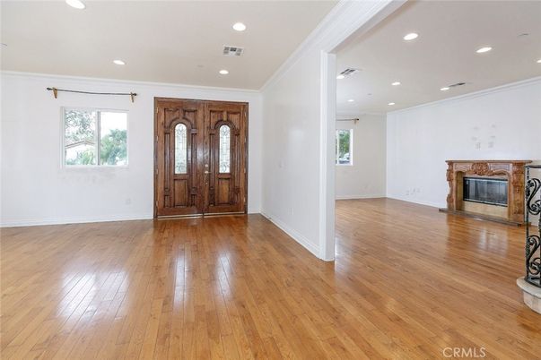 Empty room, Fireplace, Interior, Recessed Lighting, Wood Texture Flooring