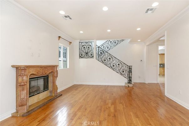 Empty room, Fireplace, Interior, Recessed Lighting, Wood Texture Flooring