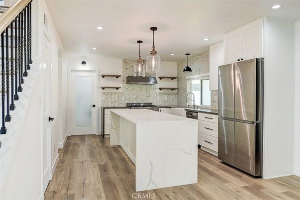 Interior, Kitchen, Pendant Lights, Recessed Lighting, Stainless Steel Appliances, Wood Texture Flooring