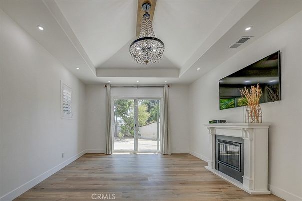 Empty room, Fireplace, Interior, Recessed Lighting, Wood Texture Flooring