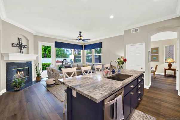 Dining room, Fireplace, Interior, Kitchen, Living room, Recessed Lighting, Wood Texture Flooring