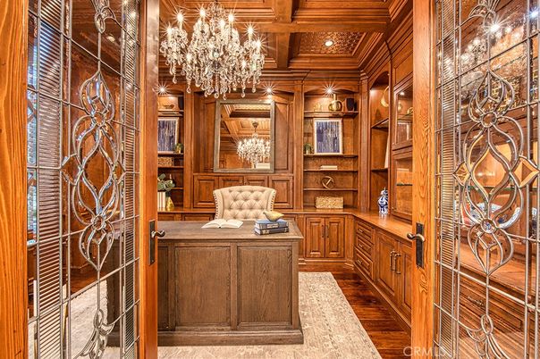 Chandelier, Home Office, Interior, Recessed Lighting, Wooden Beams, Wooden Ceilings, Wood Texture Flooring, Wooden Walls