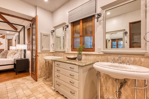 Bathroom, Bedroom, Dual Sink Vanities, Interior, Recessed Lighting, Wood Texture Flooring