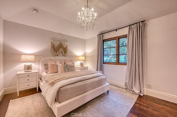 Bedroom, Chandelier, Interior, Wood Texture Flooring