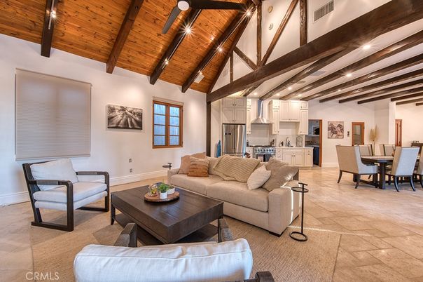 Dining room, Interior, Kitchen, Living room, Recessed Lighting, Stainless Steel Appliances, Wooden Beams, Wooden Ceilings