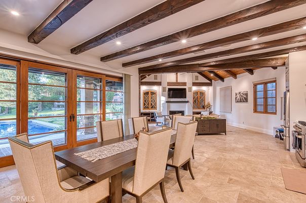 Dining room, Fireplace, Interior, Recessed Lighting, Wooden Beams, Wooden Ceilings