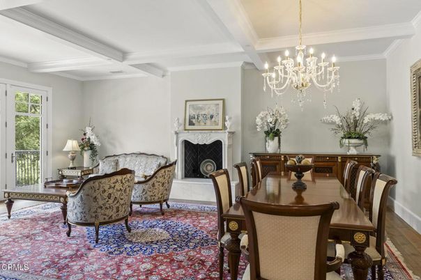 Chandelier, Dining room, Fireplace, Interior