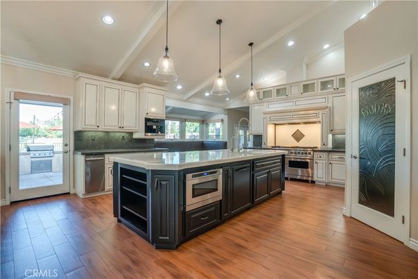 Interior, Kitchen, Pendant Lights, Recessed Lighting, Stainless Steel Appliances, Wood Texture Flooring