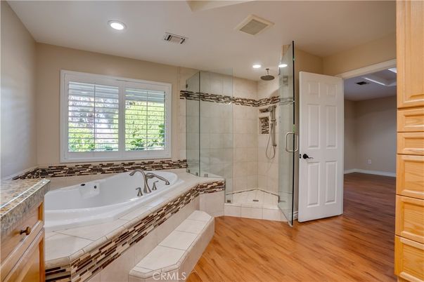 Bathroom, Glass Shower, Interior, Recessed Lighting, Wood Texture Flooring
