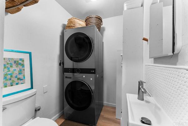 Bathroom, Interior, Utility Closets, Washer, Wood Texture Flooring