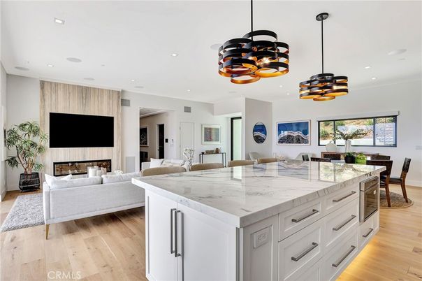 Dining room, Fireplace, Interior, Kitchen, Living room, Pendant Lights, Recessed Lighting, Wood Texture Flooring