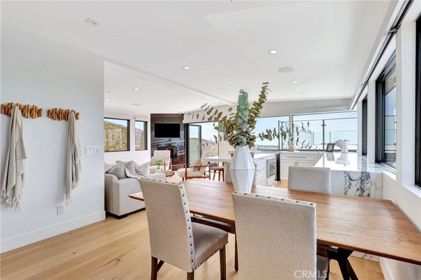 Dining room, Interior, Living room, Recessed Lighting, Water, Wood Texture Flooring