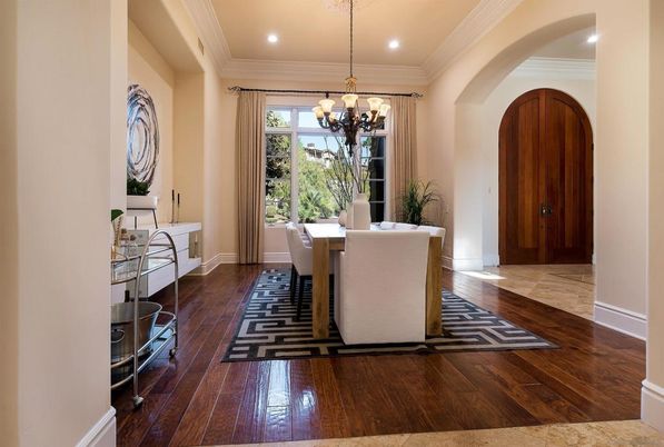 Chandelier, Dining room, Interior, Pendant Lights, Recessed Lighting, Wood Texture Flooring