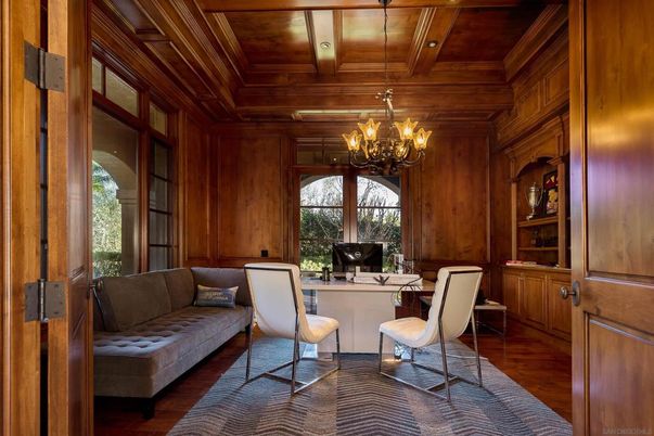 Chandelier, Home Office, Interior, Recessed Lighting, Wooden Beams, Wooden Ceilings, Wood Texture Flooring, Wooden Walls