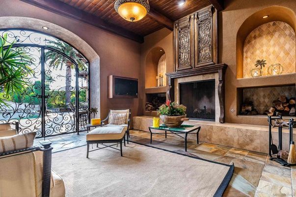 Fireplace, Interior, Recessed Lighting, Wooden Ceilings