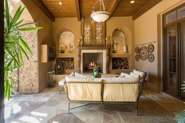 Fireplace, Interior, Living room, Pendant Lights, Recessed Lighting, Wooden Beams, Wooden Ceilings