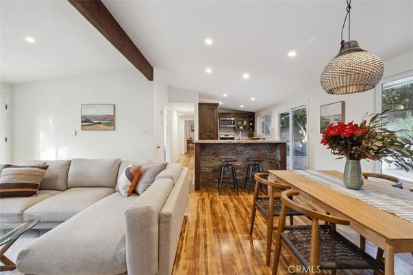 Dining room, Interior, Kitchen, Living room, Recessed Lighting, Stainless Steel Appliances, Wooden Beams, Wood Texture Flooring