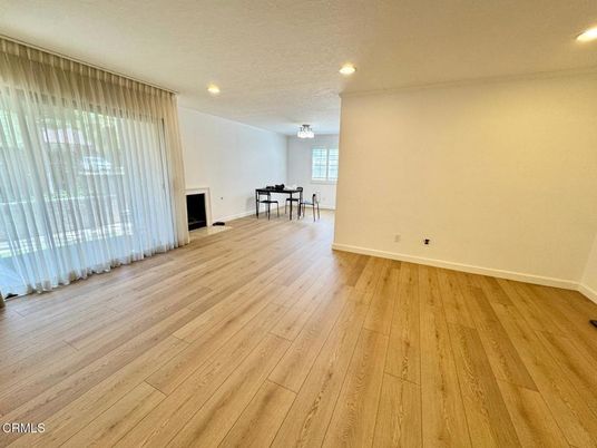Chandelier, Dining room, Empty room, Interior, Recessed Lighting, Wood Texture Flooring