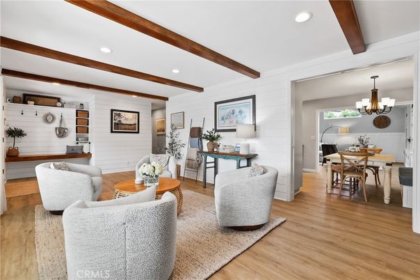Chandelier, Dining room, Interior, Living room, Recessed Lighting, Wooden Beams, Wood Texture Flooring