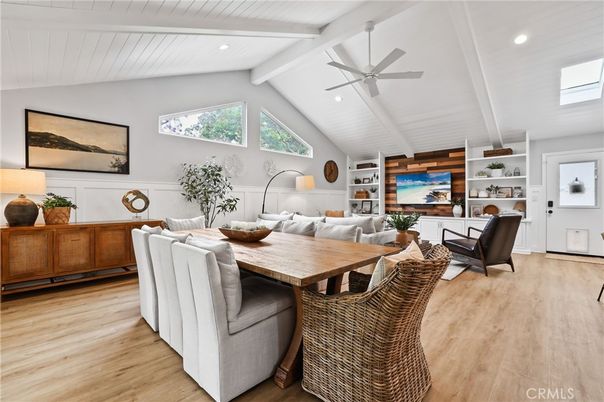 Dining room, Interior, Living room, Recessed Lighting, Wood Texture Flooring